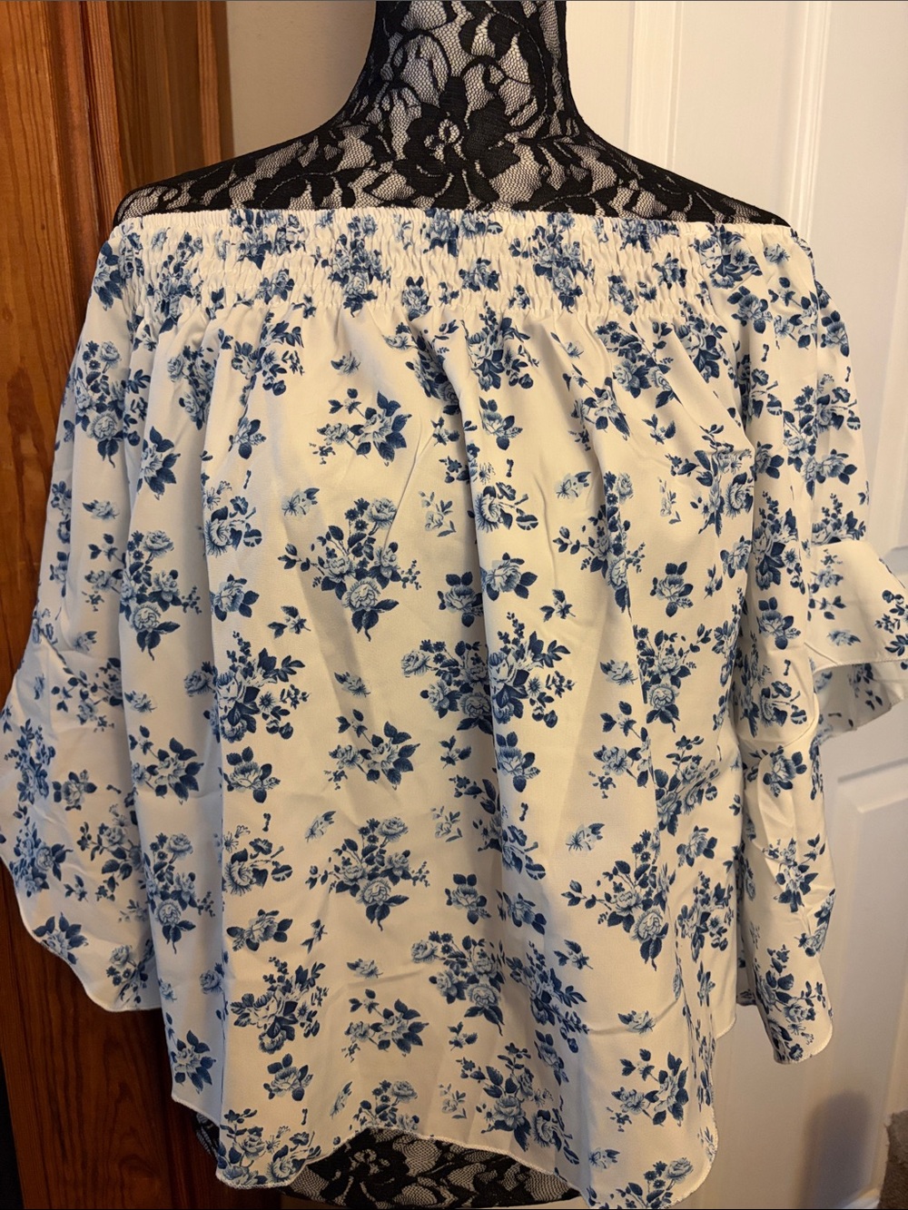 SHEIN White Off-Shoulder Floral Blouse with Blue Print